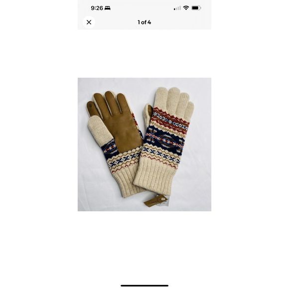 J Crew Mens L/XL Fair Isle Ragg Lambs Wool Gloves Leather Touchscreen Tips Brown - Picture 1 of 4